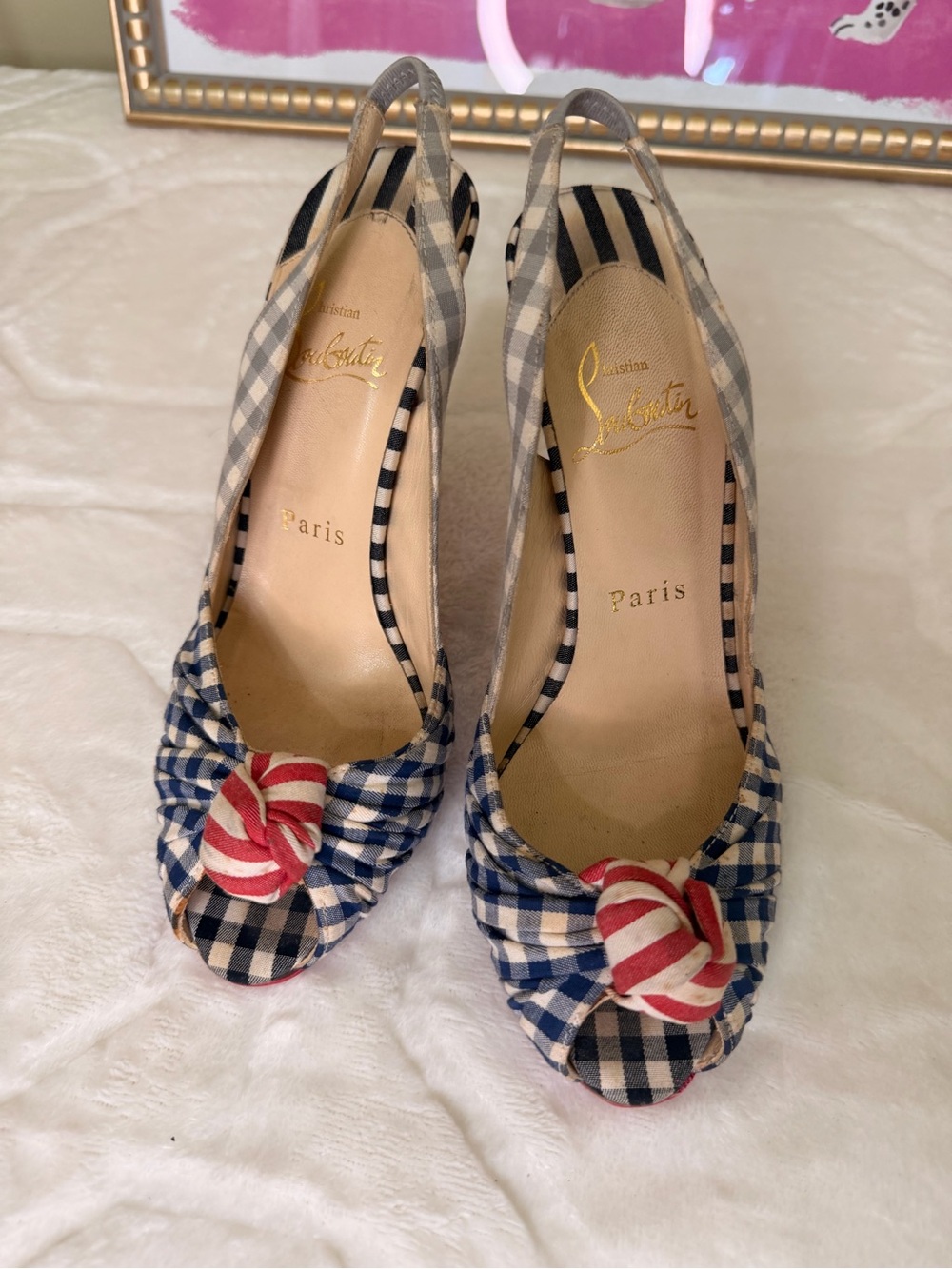 Christian Louboutin Navy and Red Gingham Slingback Peep-Toe Heels